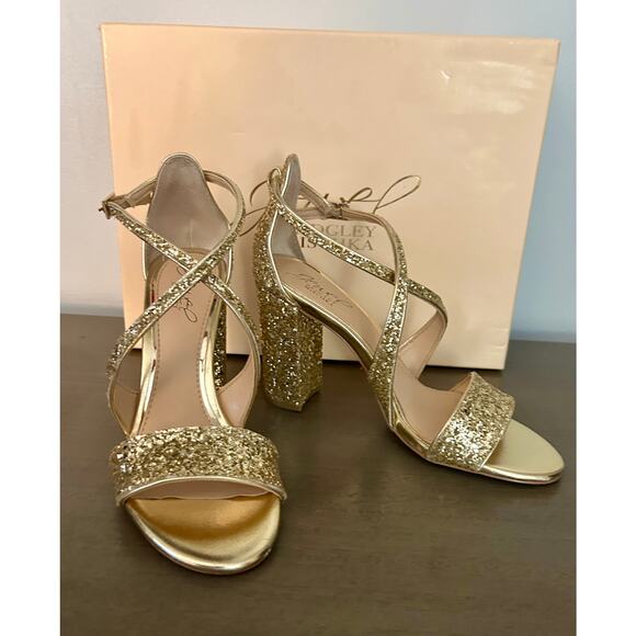 BEAUTIFUL Jewel Badgley Mischka Metallic Gold Glitter Evening Block Heel Sz 6.5 - Picture 8 of 8